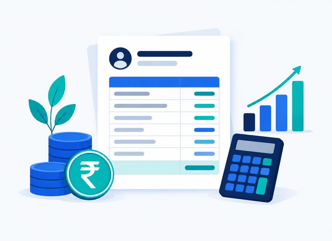 Illustration of a payroll breakdown with an Indian rupee coin, calculator and growth chart
